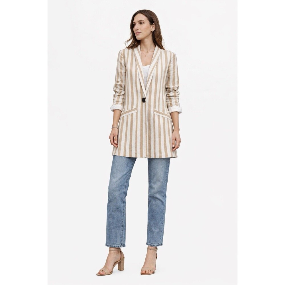 Chriselle x J.O.A. Striped Summer Boyfriend Blazer Tan White Longline Size S - Picture 2 of 10